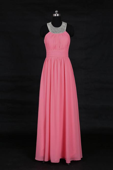 Elegant Long Pink Chiffon Prom Dresses , Open Back Beaded A Line Evening Gowns - Formal Gowns, Party Dresses