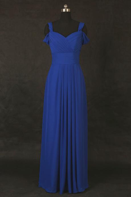 Charming Blue A Line Chiffon Long Elegant Prom Dresses With Ruched Bodice And Off The Shoulder 