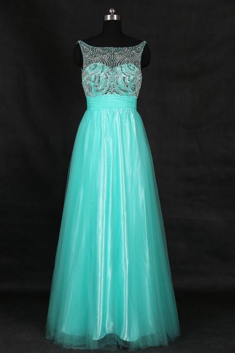 Sexy Mint Green A Line Tulle Long Prom Dresses With Beaded Bodice With Sheer Rhinestone Scoop Neck