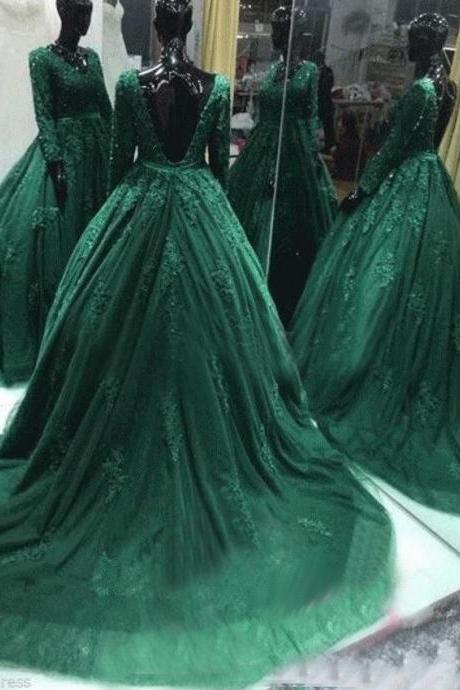 Long Sleeve Hunter Green Prom Dresses Backless Lace Prom Gowns Sexy Tulle Lace Applique Evening Dresses Party Dress Robe De Soiree