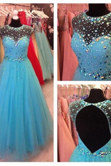 Elegant Blue Formal Dresses Sexy Backless Tulle Evening Dresses 2016 Real Photo Women Party Dresses Prom Gowns