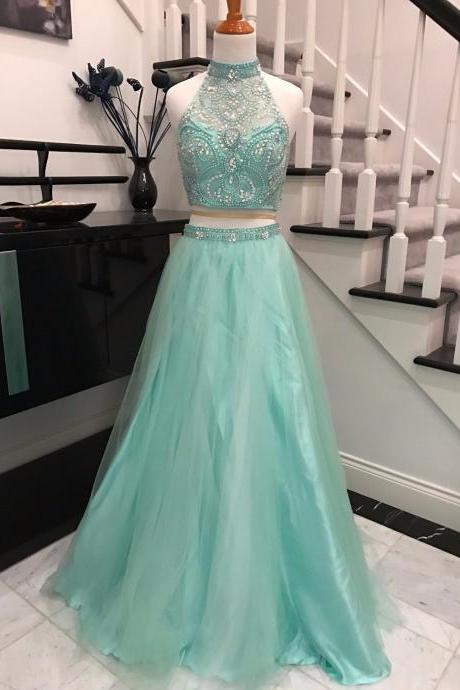 Charming Light Green 2 Piece Prom Dresses Sexy Beaded Long Halter Tulle Evening Dresses 2017 Real Photo Women Party Dresses Formal Gowns