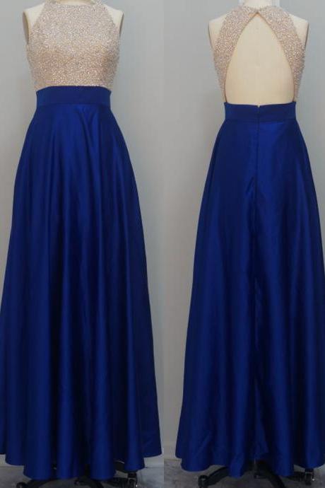 Sexy Royal Blue Prom Dresses Long Open Back Beaded Evening Dresses 2017 Real Photo Women Party Dresses Formal Gowns