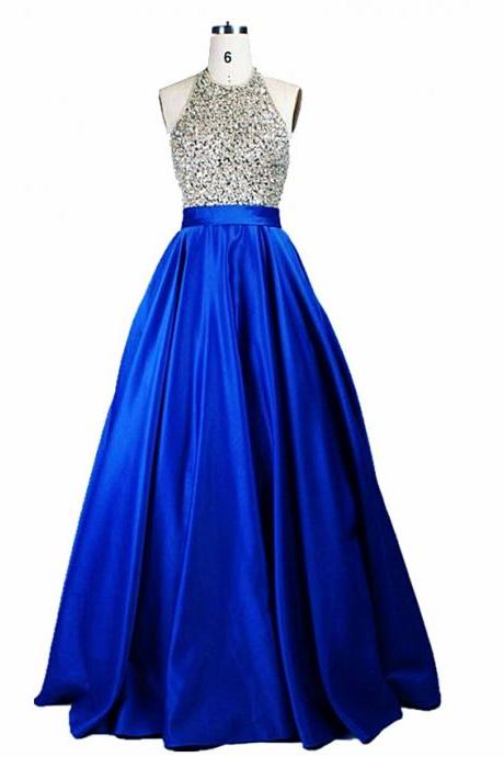2017 Sexy Royal Blue Satin Prom Dresses,Long Elegant Beaded Halter Evening Gowns