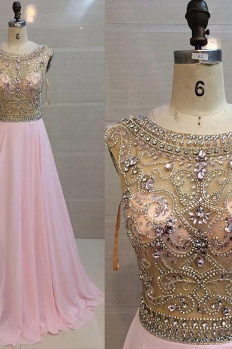 2017 Sexy Pink Chiffon Prom Dresses With rhinestone Bodice ,Long Elegant Beaded Halter Evening Gowns