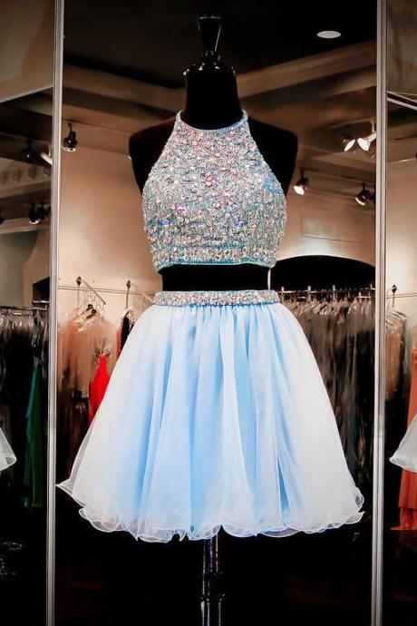 Short Prom Dress, Short Prom Gowns, 2 Piece Short Prom Dress, Blue Homecoming Dresses,halter Formal Gowns