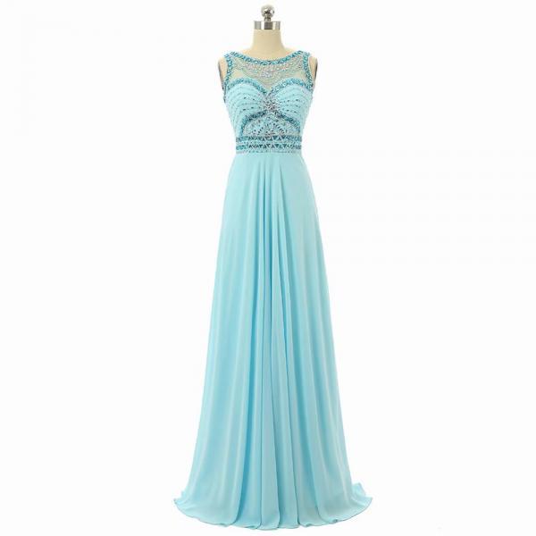 Elegant A-Line Long Empire Light Blue Chiffon Bridesmaid Dresses With ...