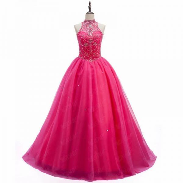 New 2019 Fuschia Evening Dress Pageant Dresses Halter Neck Beading Fashion Evening Gown Beading Tulle Competition Gowns