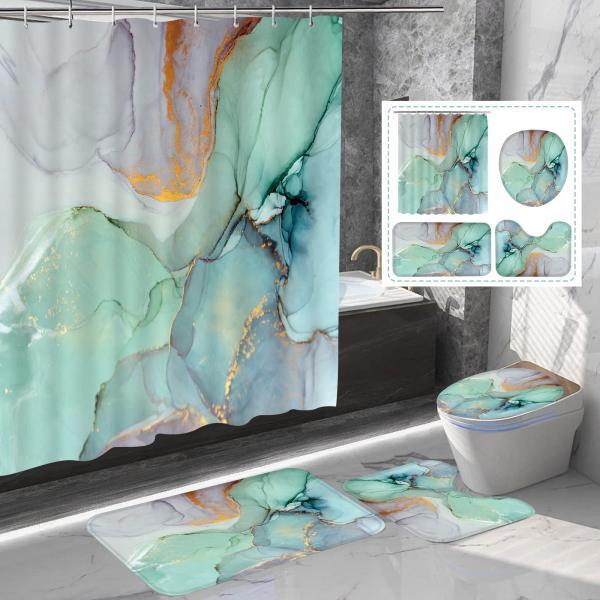4 Pcs Green Marble Shower Curtain Set with Rug Bathroom Curtains Shower Set Toilet Mat Lid Rug Bathroom Sets Shower Curtain Sets with 12 Hooks, 72