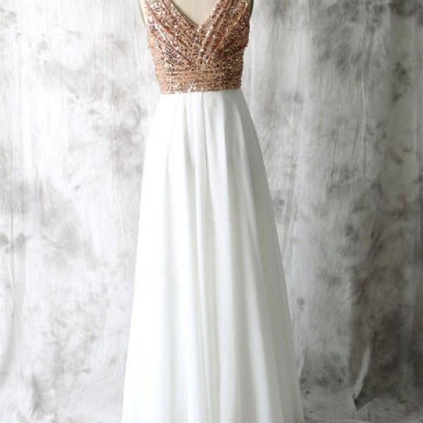 Elegant Long White Chiffon Bridesmaid Dresses, Pretty Floor Length V Neck Bridesmaid Dresses, Wedding Party Dresses,formal Dress,prom