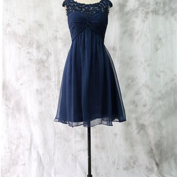 Elegant High Quality Short Length Navy Blue Prom Dresses, Sheer Neck ...