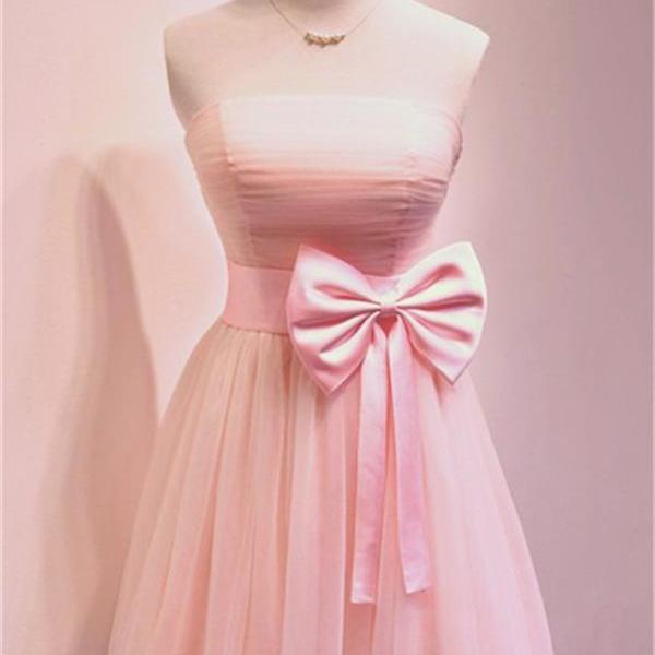 Pink Chiffon Strapless Straight Across Short Dress Featuring Bow Accent Belt, Formal