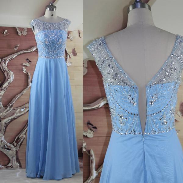 Full Length Chiffon Gowns with Illusion Neck Slate Blue