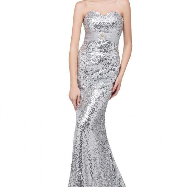 Silver Sequined Mermaid Bridesmaid Dresses With Rhinestones Beaded Belt ...