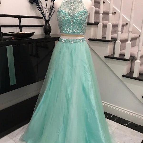 light green two piece prom dress Charming Light Green 2 Piece Prom Dresses Sexy Beaded Long Halter Tulle Evening Dresses 2017 Real Photo Women Party Dresses Formal Gowns