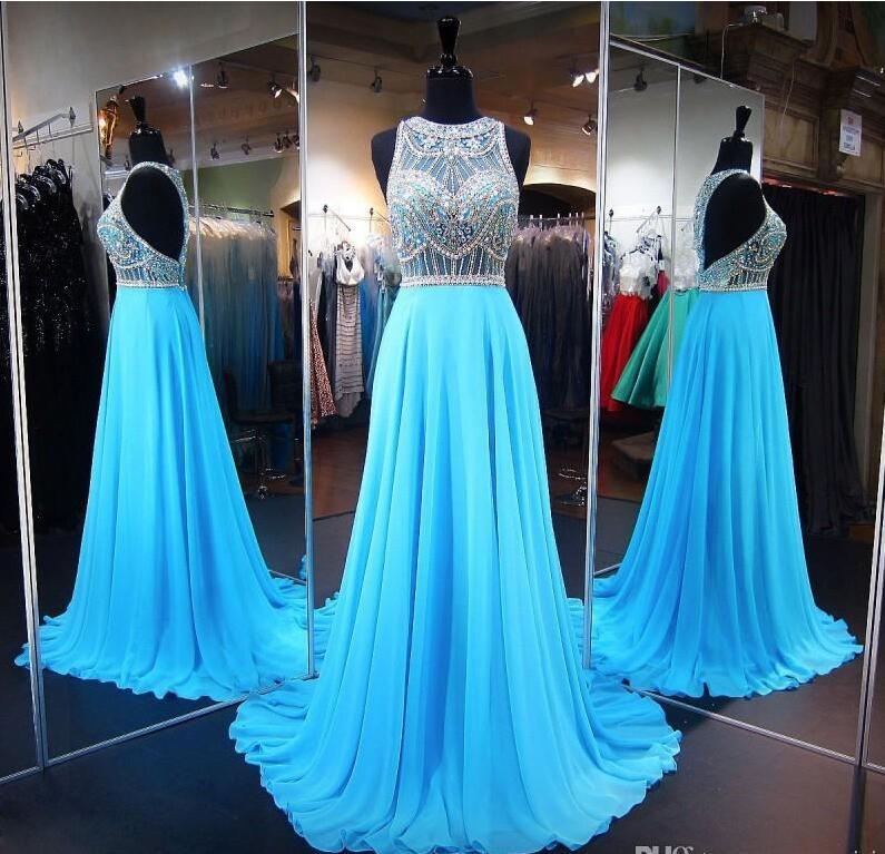 Light Blue Formal Dresses Sheer Neck Long Chiffon Evening Prom Gowns ...