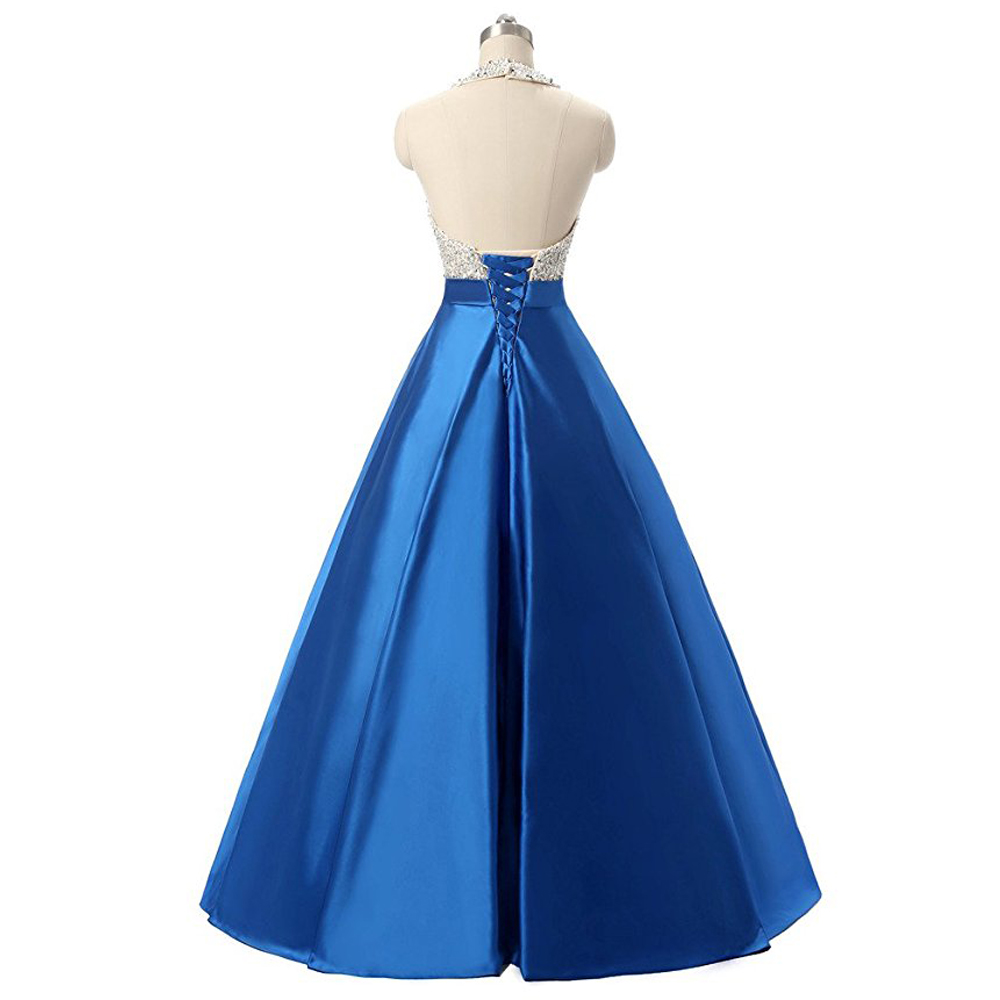 Sexy Royal Blue Ball Gown Prom Dresses Satin Beading Backless Evening ...