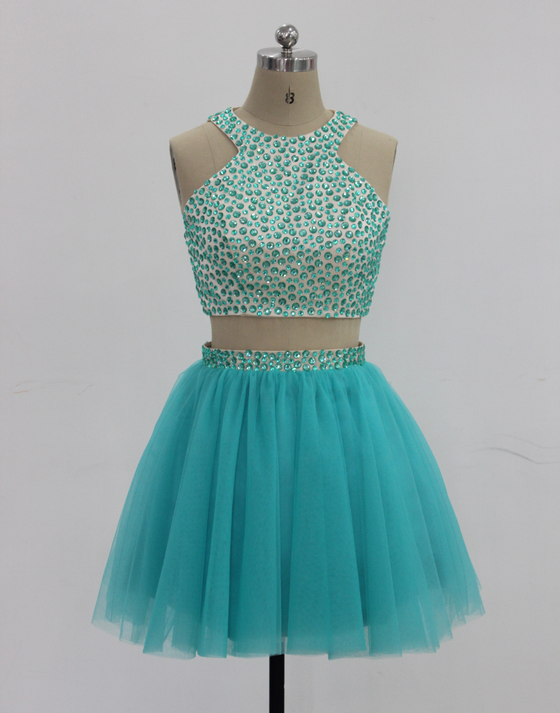 Turquoise Halter Beaded TwoPiece Tulle Short Dress, Party