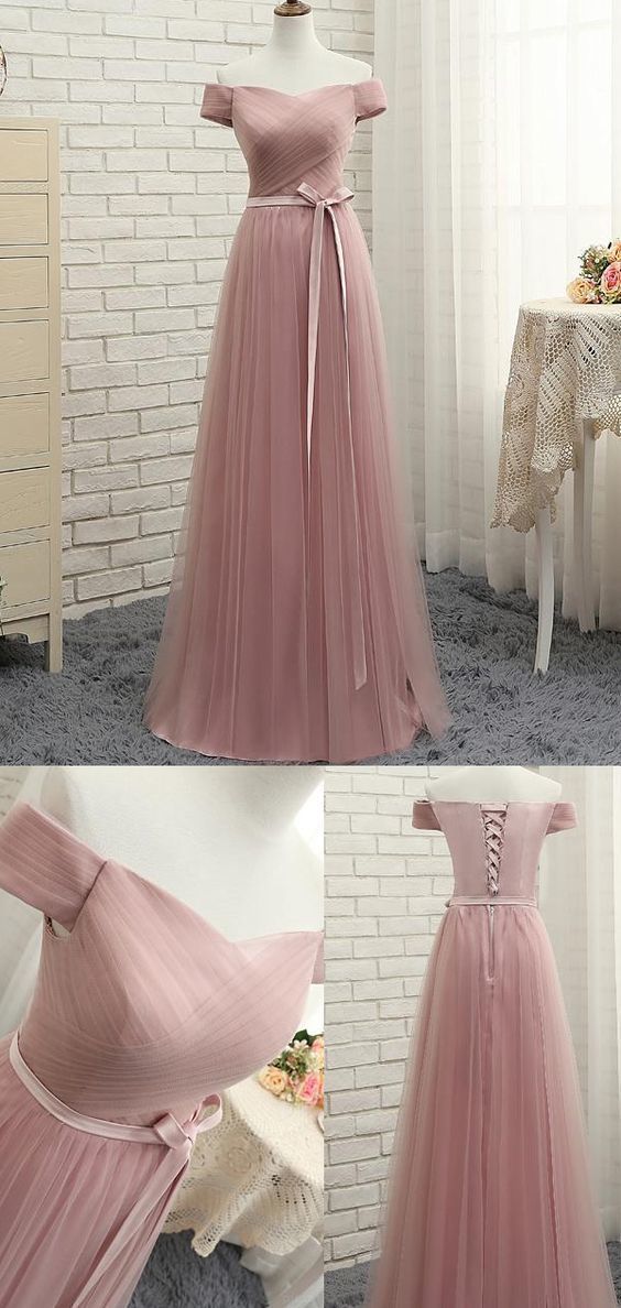 Blush Pink Tulle Prom Dresses Ruched Bodice Formal Gowns With Lace-up ...