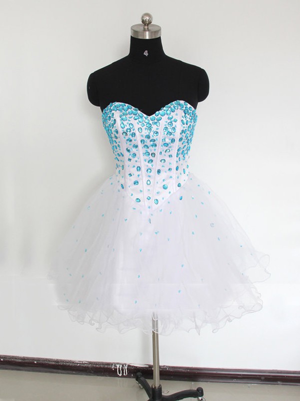 Short White Strapless Prom Gowns With Blue Crystal, Mini Prom Dressses ...