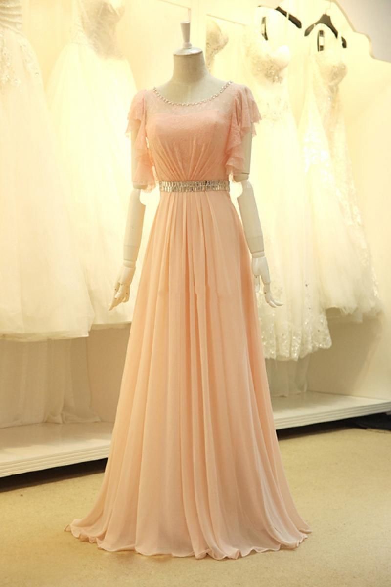 2016 Pink Illusion Neck Cap Sleeve Prom Dresses With Lace Bodice ,2016 ...