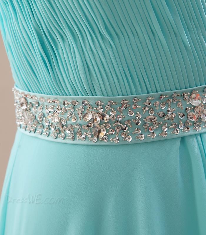 Fashion One Shoulder Blue Sparkling Beaded Belt Prom Dresses With Sexy