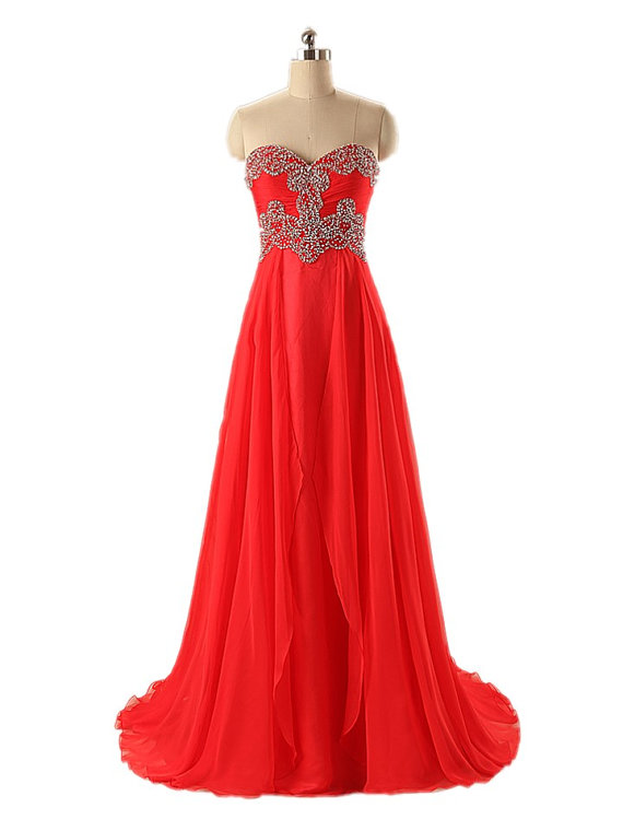 New Arrival Strapess Red Prom Dresses Long Chiffon Sweetheart Beaded ...