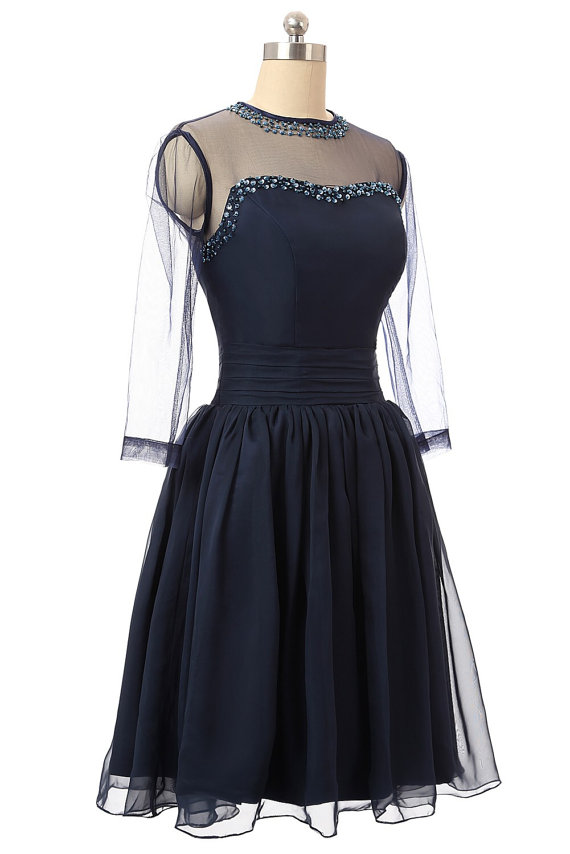 Navy Blue Dresses, Long Sleeve Illusion Neck Chiffon