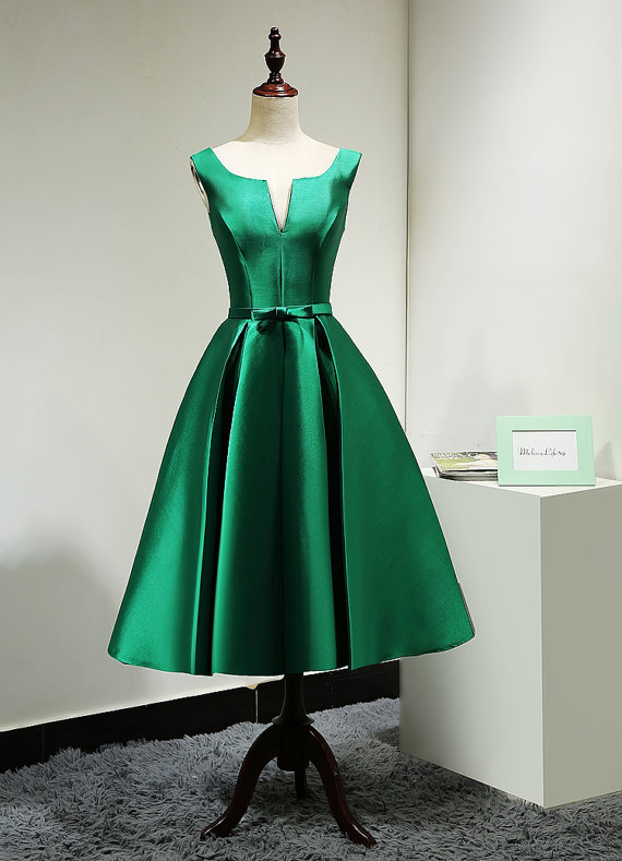 Beautiful Dark Green Satin Short Party Dress , Bridesmaid Dress