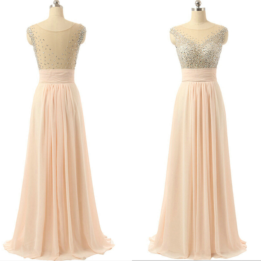 Sexy Illusion Jewel Neckline Evening Gowns Long Beaded Embellished Open ...