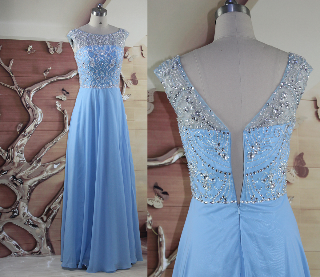 Blue Illusion Jewel Neckline Long Chiffon Prom Dresses Strapless Beaded ...