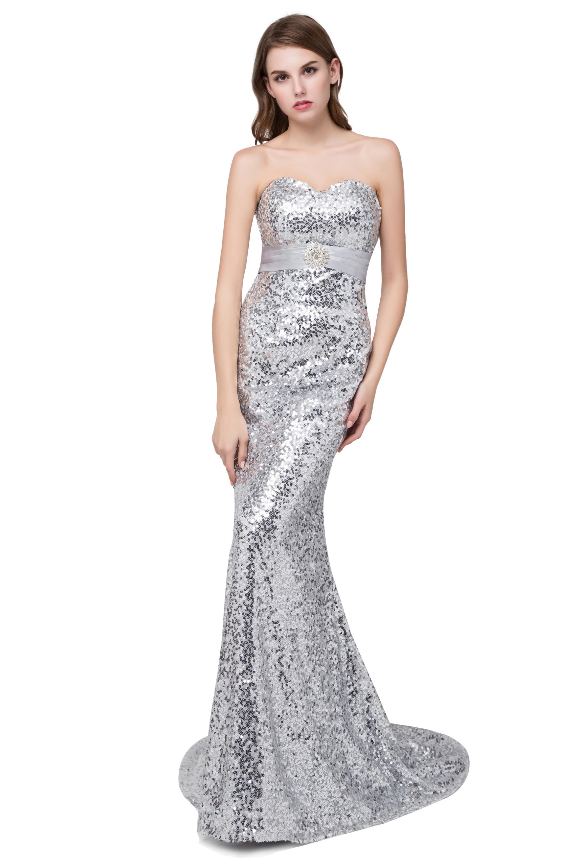 silver dresses mermaid prom sequin bridesmaid sequined belt strapless beaded train rhinestones sleeveless vampal