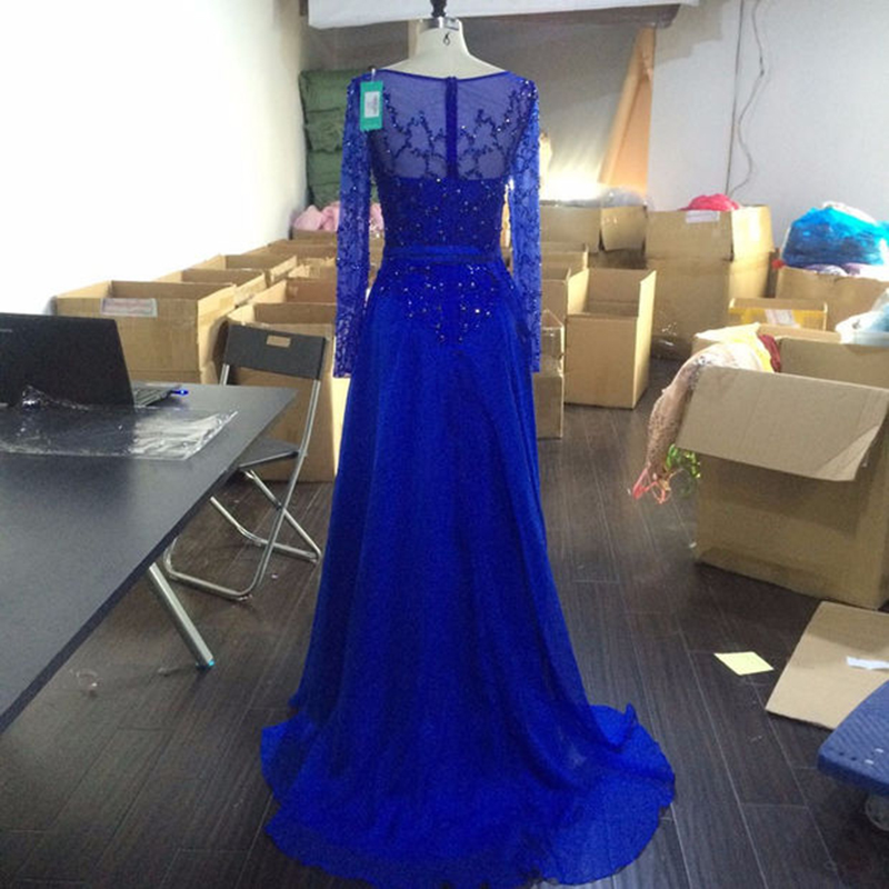 DOUBLE BEADED STRAP Chiffon Gowns with Slit Royal Blue