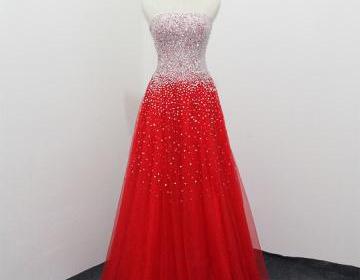 Charming Red Prom Dress Elegant Strapless Evening Dresses Beaded Party Dresses Robe De Soiree Formal Ball Gowns
