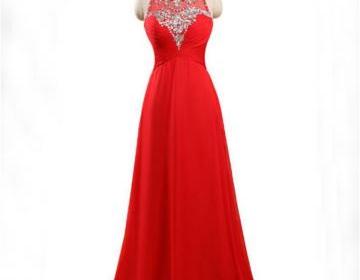 Red Floor Length Chiffon Formal Gown Featuring Sleeveless Plunge Sheer Bateau Neckline with Beaded Embellishment, Lace-Up Back